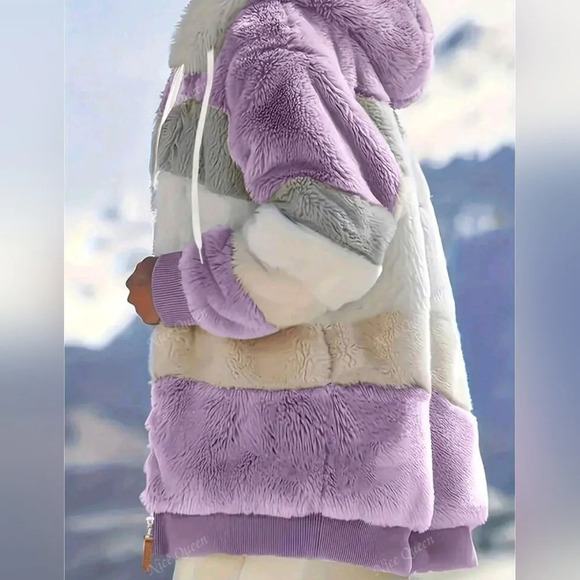 Furry Colorblock Hooded Oversized Jacket For Women, Autumn/Winter - Picture 5 of 5